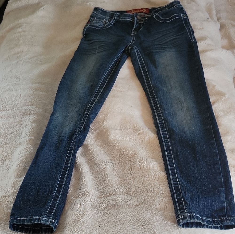 Seven7 Blue Straight Leg Jeans with Distressed Look
